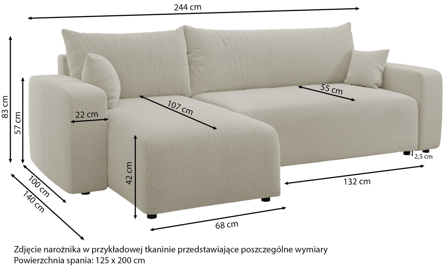 NONIPIA L-formas stūra dīvāns ar gulēšanas funkciju, ar konteineri, universāls, gaiši bēšs velvets - N1 Home
