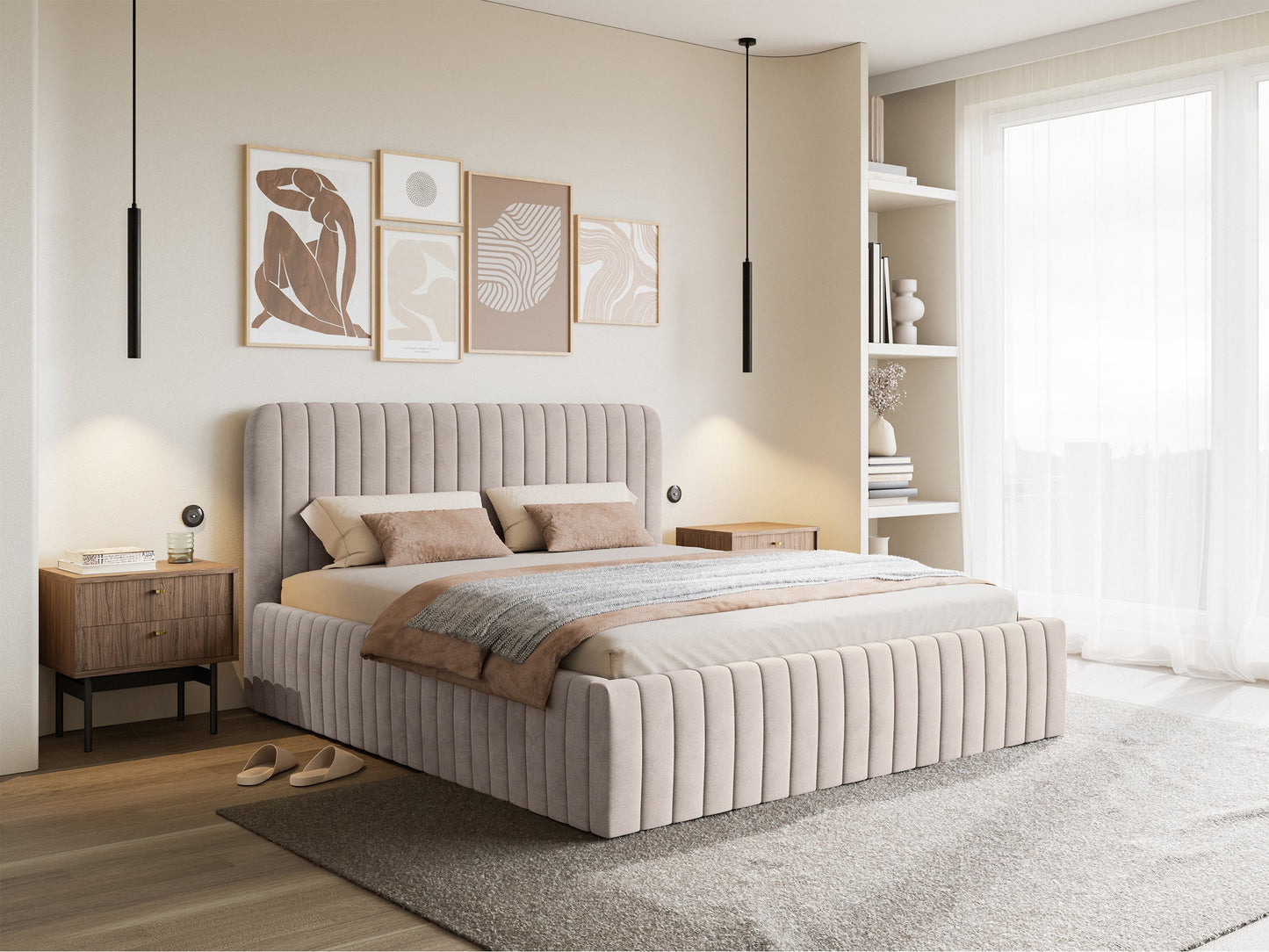 LIANOSOL Mīkstā gulta 140/160/180x200 cm ar glabātuvi, pelēks un bēšs hidrofobs samts - N1 Home