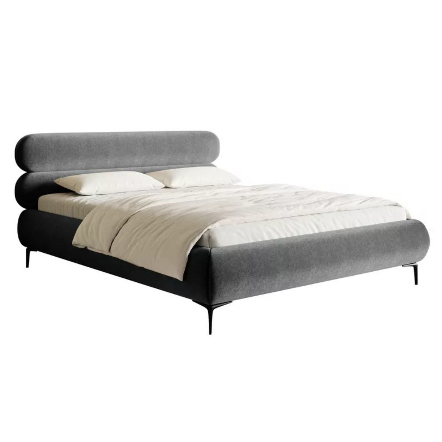 LOURE Mīkstā gulta 140/160/180x200 cm ar glabātuvi, metāla rāmis, pelēks hidrofobs samts, melnas kājas - N1 Home