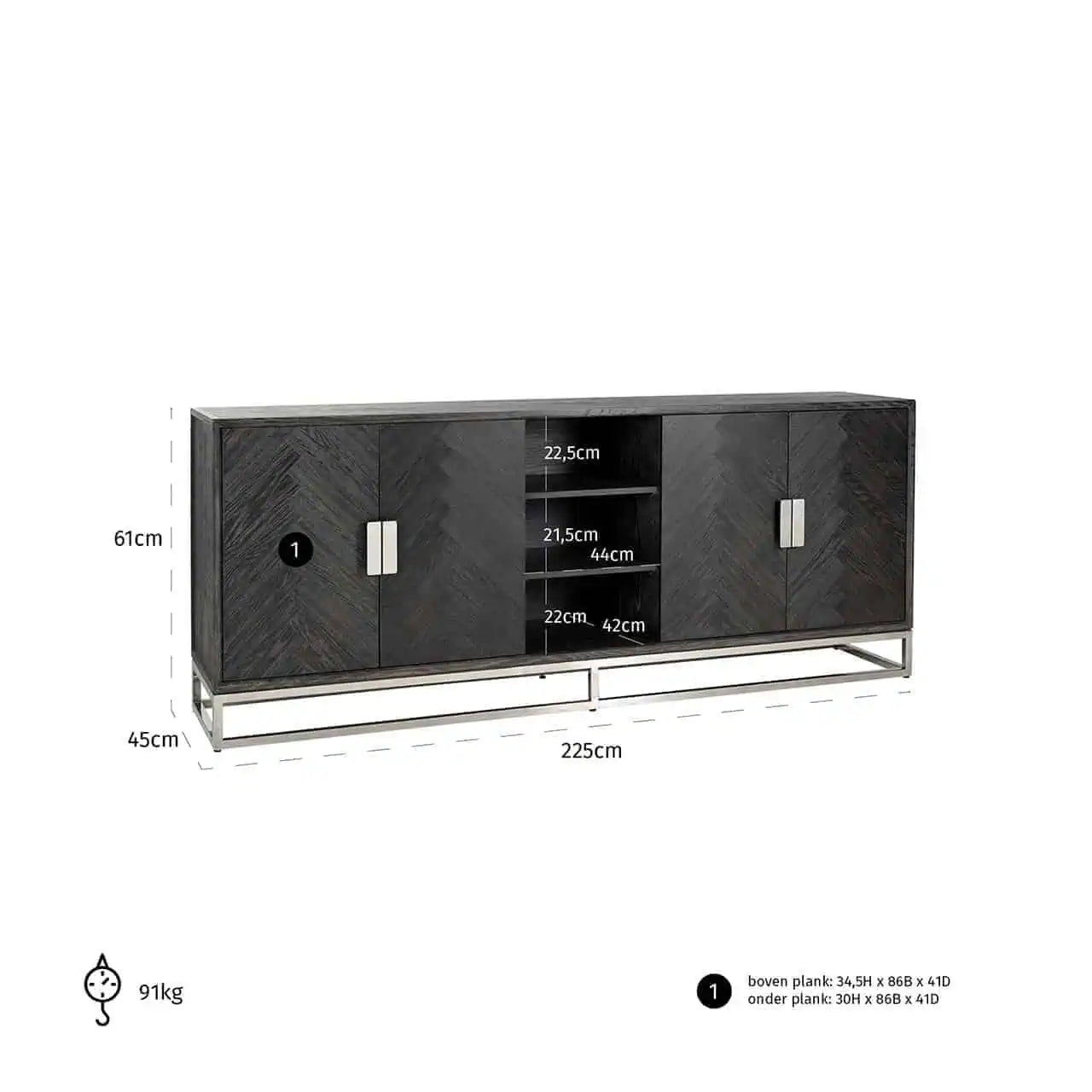 Kumode Blackbone sudraba krāsā ar 4 durvīm Richmond Interiors 90/225/45 cm melna rustikāla - N1 Home