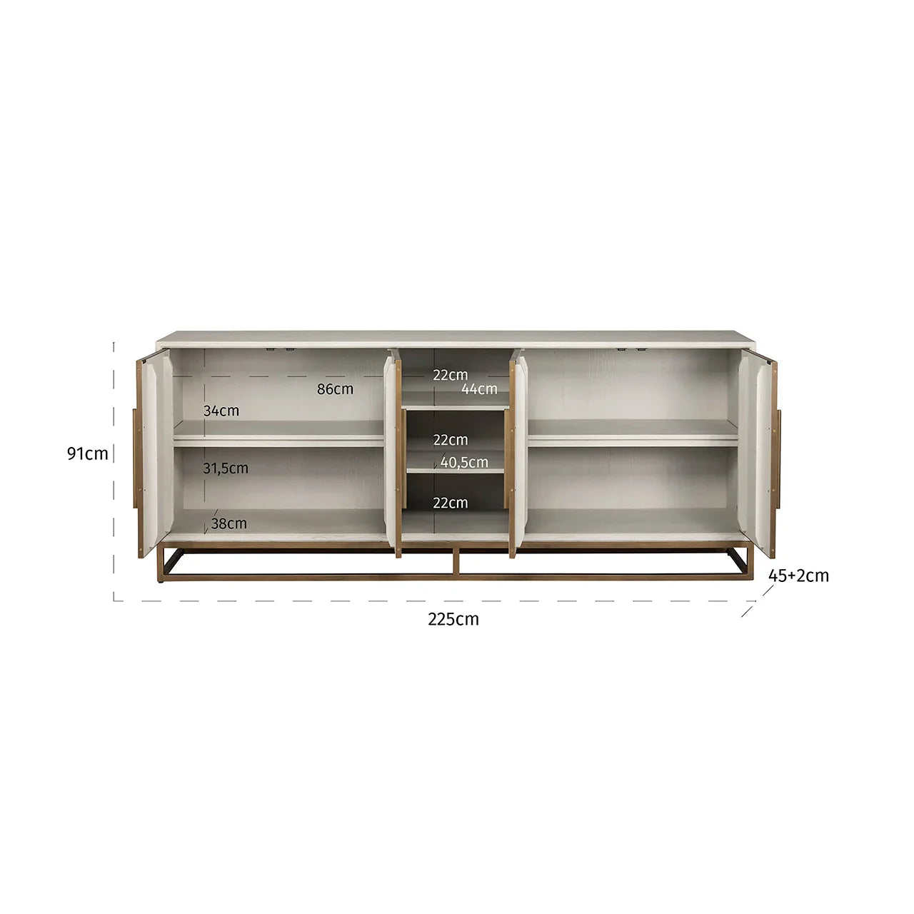 Kumode Whitebone misiņa 4 durvis  Richmond Interiors 91/225/47 cm Verona pelēks - N1 Home