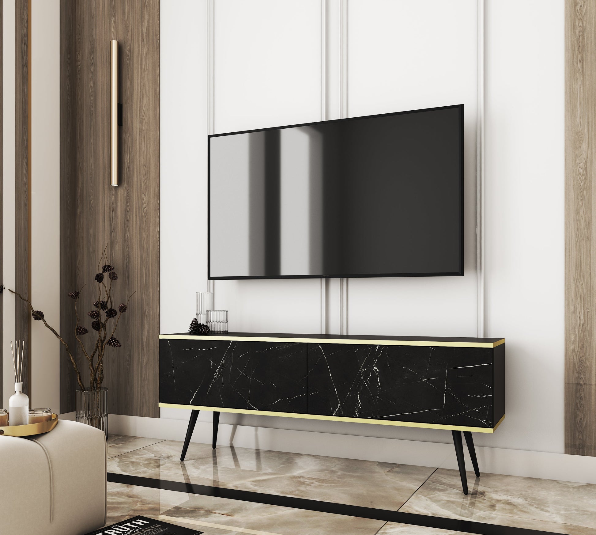 RTV skapis O2 gluda priekšpuse 135/30/32 cm melns marmors - N1 Home