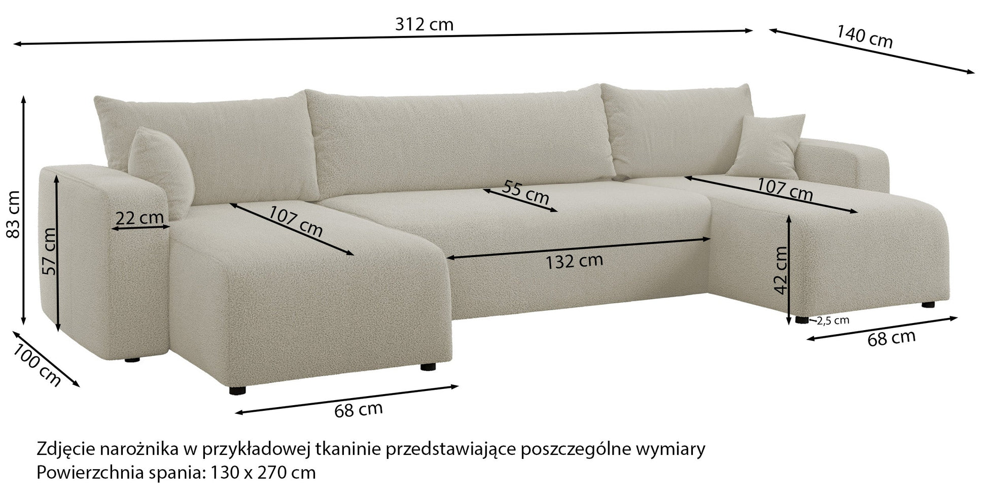 NONIPIA U-formas stūra dīvāns ar gulēšanas funkciju, ar konteineri, universāls, bēšs velvets - N1 Home