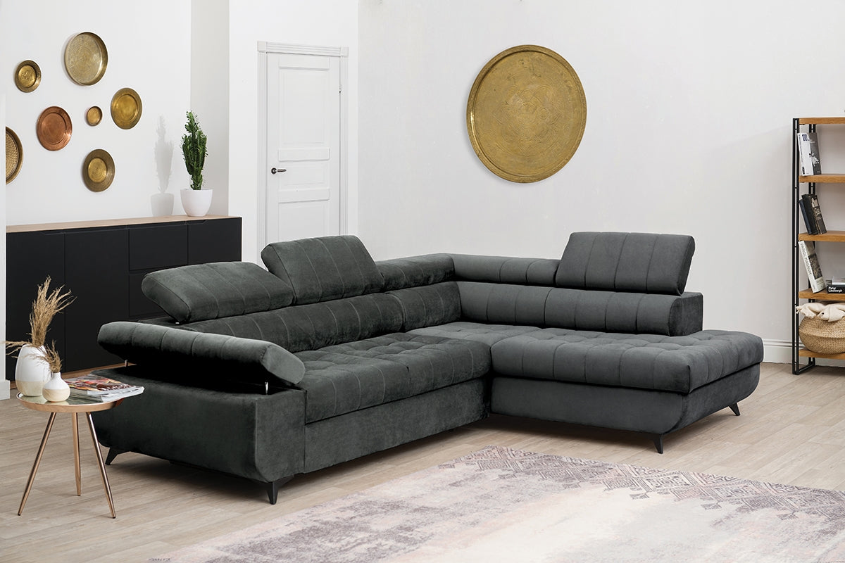 Dīvāns SIDNEY labais stūris 268/76-97/201 cm tumši pelēks - N1 Home