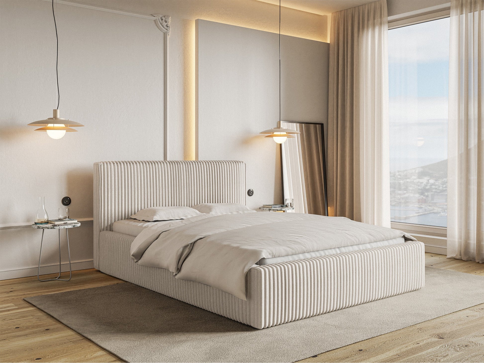 CLIO Mīkstā gulta 140/160/180x200 cm ar glabātuvi, metāla rāmis, krēmkrāsas velvets - N1 Home
