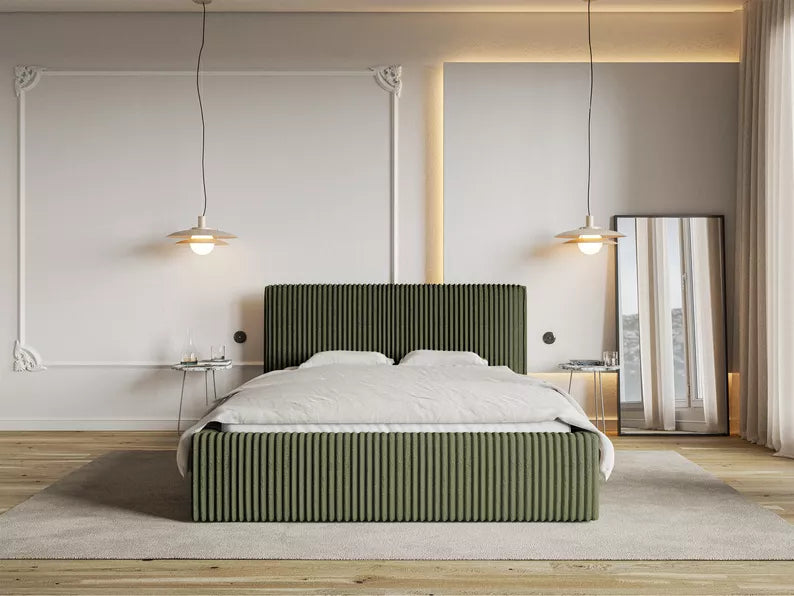 LIOTI Mīkstā gulta 140/160/180x200 cm  ar glabātuvi, metāla rāmis, olīvzaļa bieza velveta - N1 Home