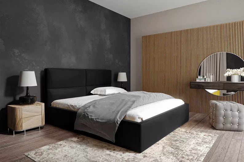 MAHEL Polsterēta gulta 140/160/180x200 cm ar glabātuvi, melns samts - N1 Home