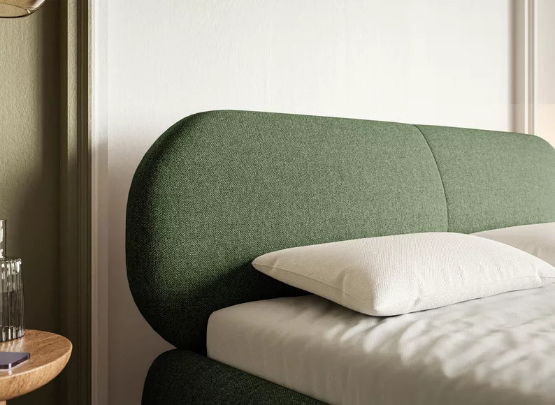 VALEO Polsterēta gulta 140/160/180x200 cm, olīvu hidrofoba bize, melnas kājas - N1 Home