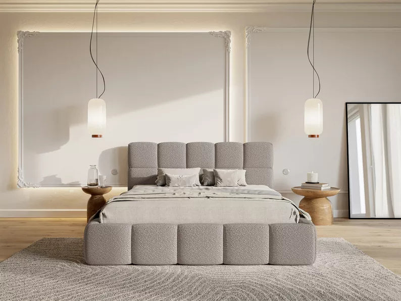 CLOD Mīkstā gulta  140/160/180/200 x 200 cm ar glabātuvi, gaiši pelēka bukle - N1 Home
