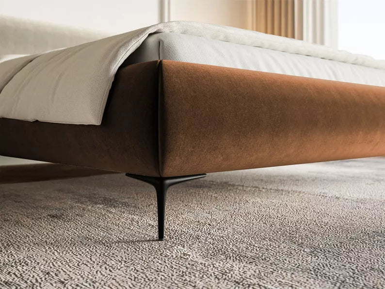 LOURE Mīkstā gulta 140/160/180x200 cm ar glabātuvi, metāla rāmis, varš hidrofobs samts, melnas kājas - N1 Home