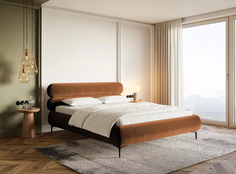LOURE Mīkstā gulta 140/160/180x200 cm ar glabātuvi, metāla rāmis, varš hidrofobs samts, melnas kājas - N1 Home