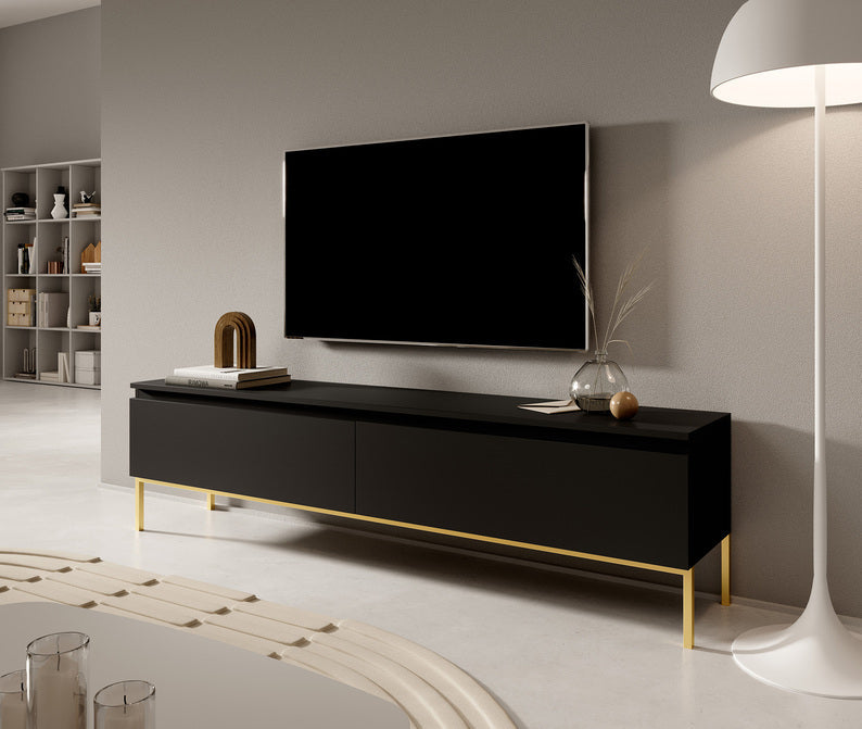 MEBBI TV skapis, 175 cm, melns ar zelta kājiņām - N1 Home