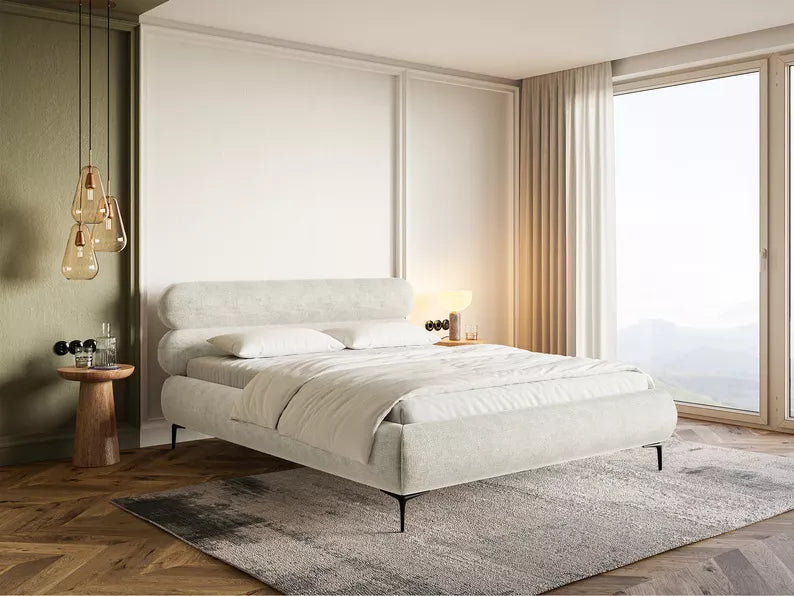 LOURE Mīkstā gulta 140/160/180x200 cm ar glabātuvi, metāla rāmis, pelēks un bēšs šenils, melnas kājas - N1 Home