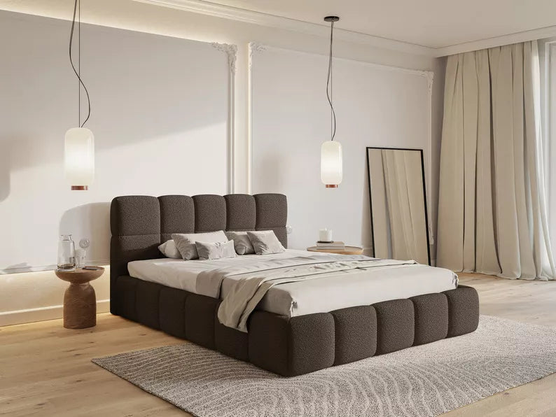 CLOD Mīkstā gulta 140/160/180/200 x 200 cm ar glabātuvi, brūna bukle - N1 Home