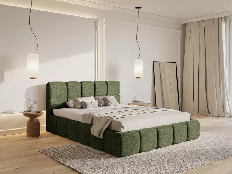 CLOD Mīkstā gulta 140/160/180/200 x 200 cm ar glabātuvi, olīvu hidrofobs šenils - N1 Home