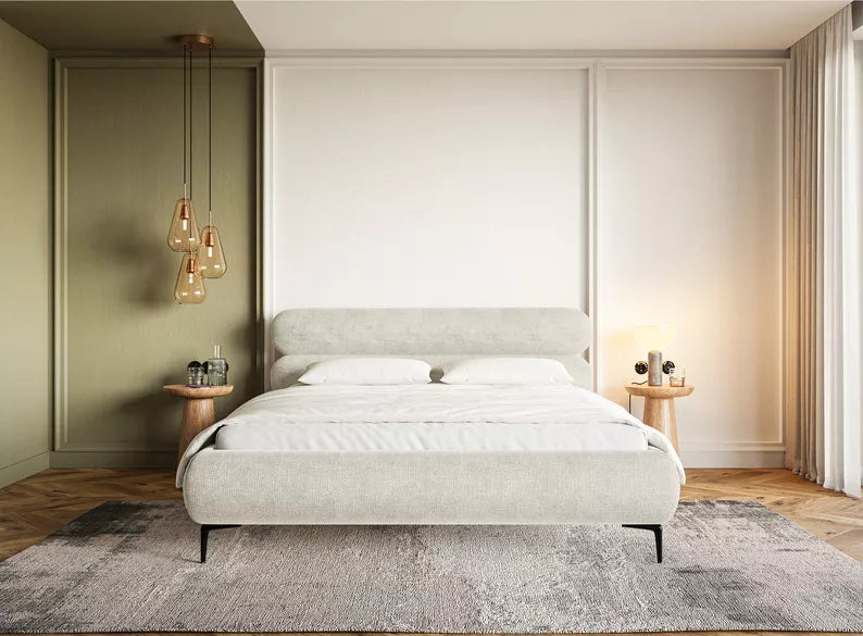 LOURE Mīkstā gulta 140/160/180x200 cm ar glabātuvi, metāla rāmis, pelēks un bēšs šenils, melnas kājas - N1 Home