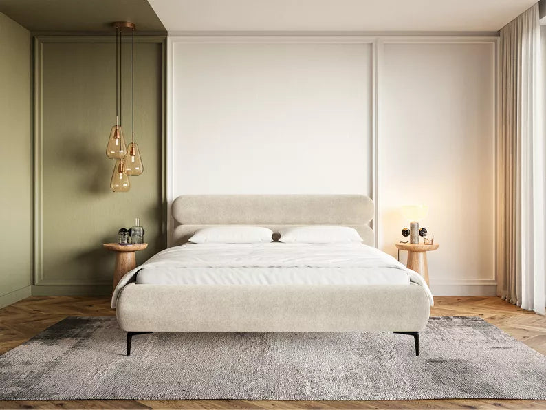 LOURE Mīkstā gulta 140/160/180x200 cm ar glabātuvi, metāla rāmis, gaiši bēšs hidrofobs samts, melnas kājas - N1 Home