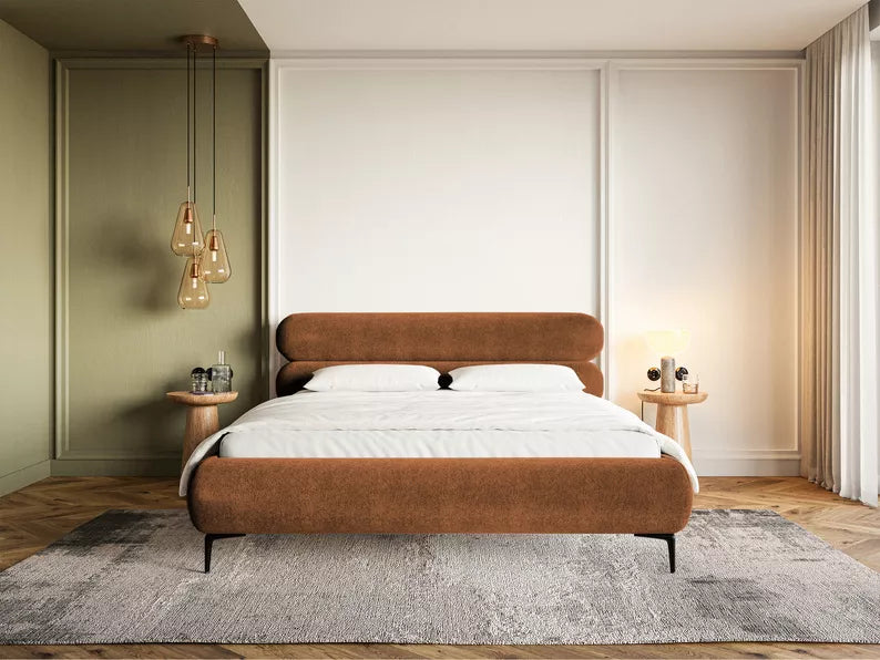 LOURE Mīkstā gulta 140/160/180x200 cm ar glabātuvi, metāla rāmis, varš hidrofobs samts, melnas kājas - N1 Home