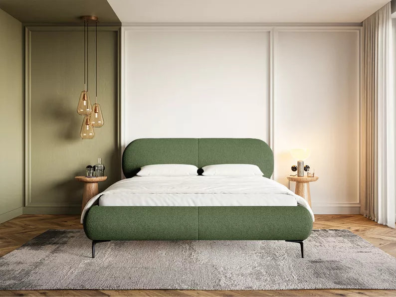 VALEO Polsterēta gulta 140/160/180x200 cm, olīvu hidrofoba bize, melnas kājas - N1 Home