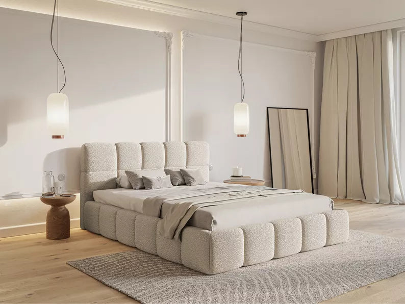 CLOD Mīkstā gulta 200x200 cm ar glabātuvi, gaiši smilškrāsas bukle - N1 Home