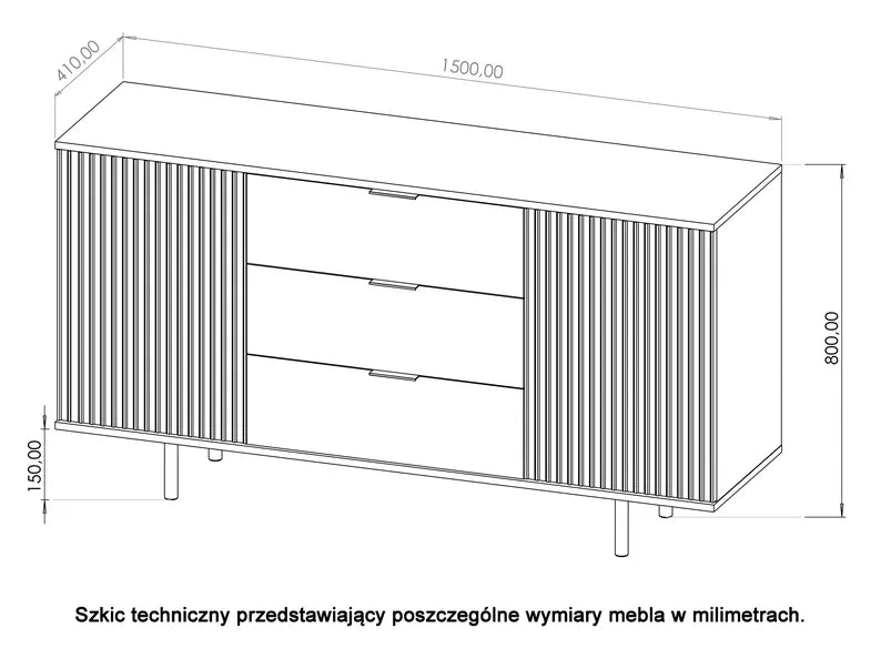 BLAZKA Divdurvju kumode, 150 cm, ar trim atvilktnēm, matēti melnas līstes - N1 Home