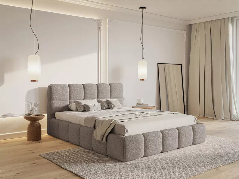 CLOD Mīkstā gulta  140/160/180/200 x 200 cm ar glabātuvi, gaiši pelēka bukle - N1 Home