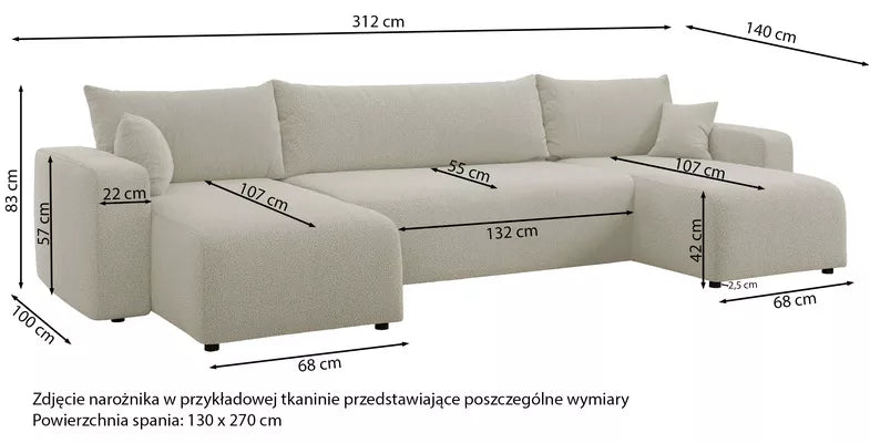 NONIPIA U-formas stūra dīvāns ar gulēšanas funkciju, ar konteineri, universāls, tumši pelēks bukle - N1 Home